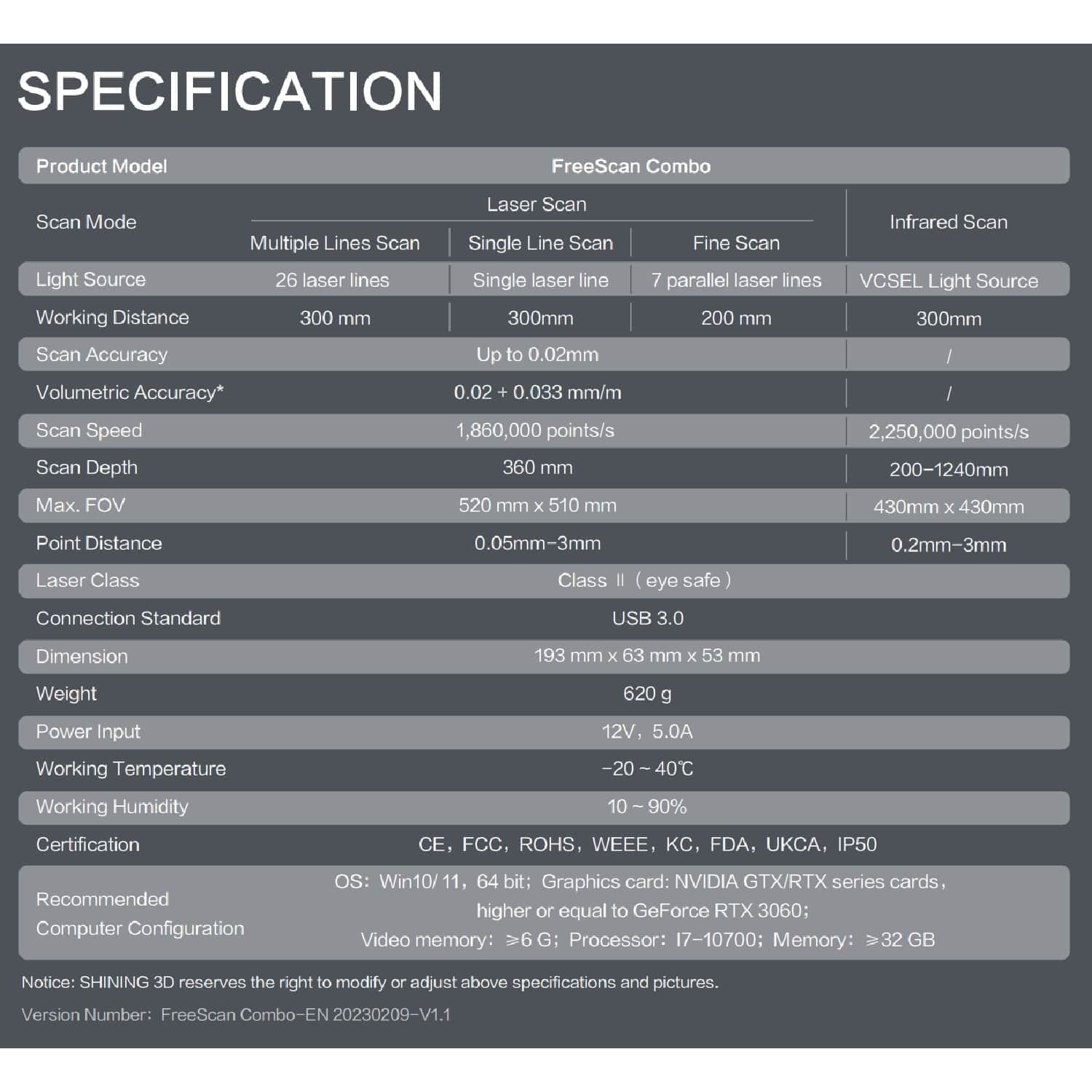 FreeScan Combo Shining3D 3D Scanner